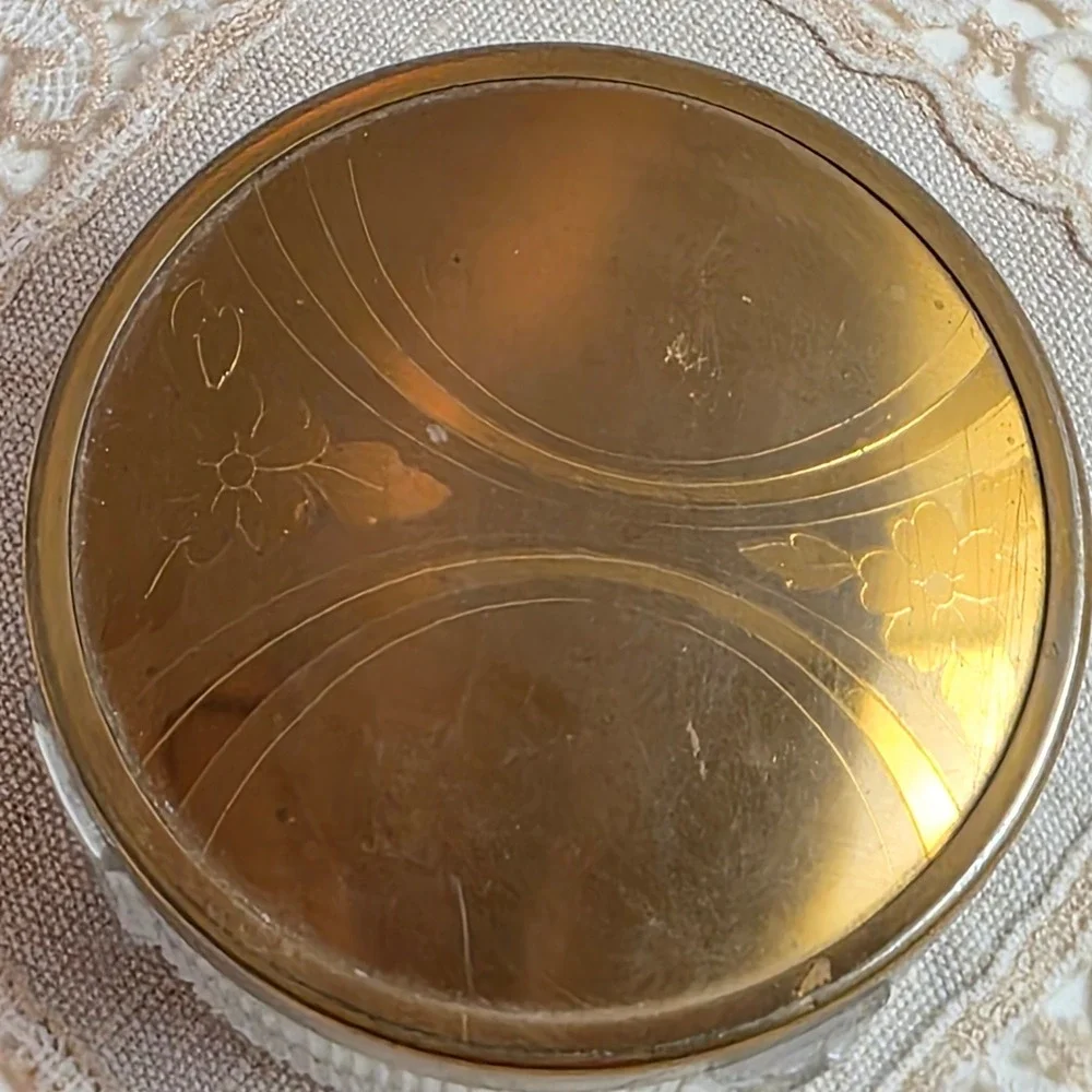 Vintage Glass Vanity Jar Set 2pc Floral Etched Brass Lids Ribbed Clear Glass